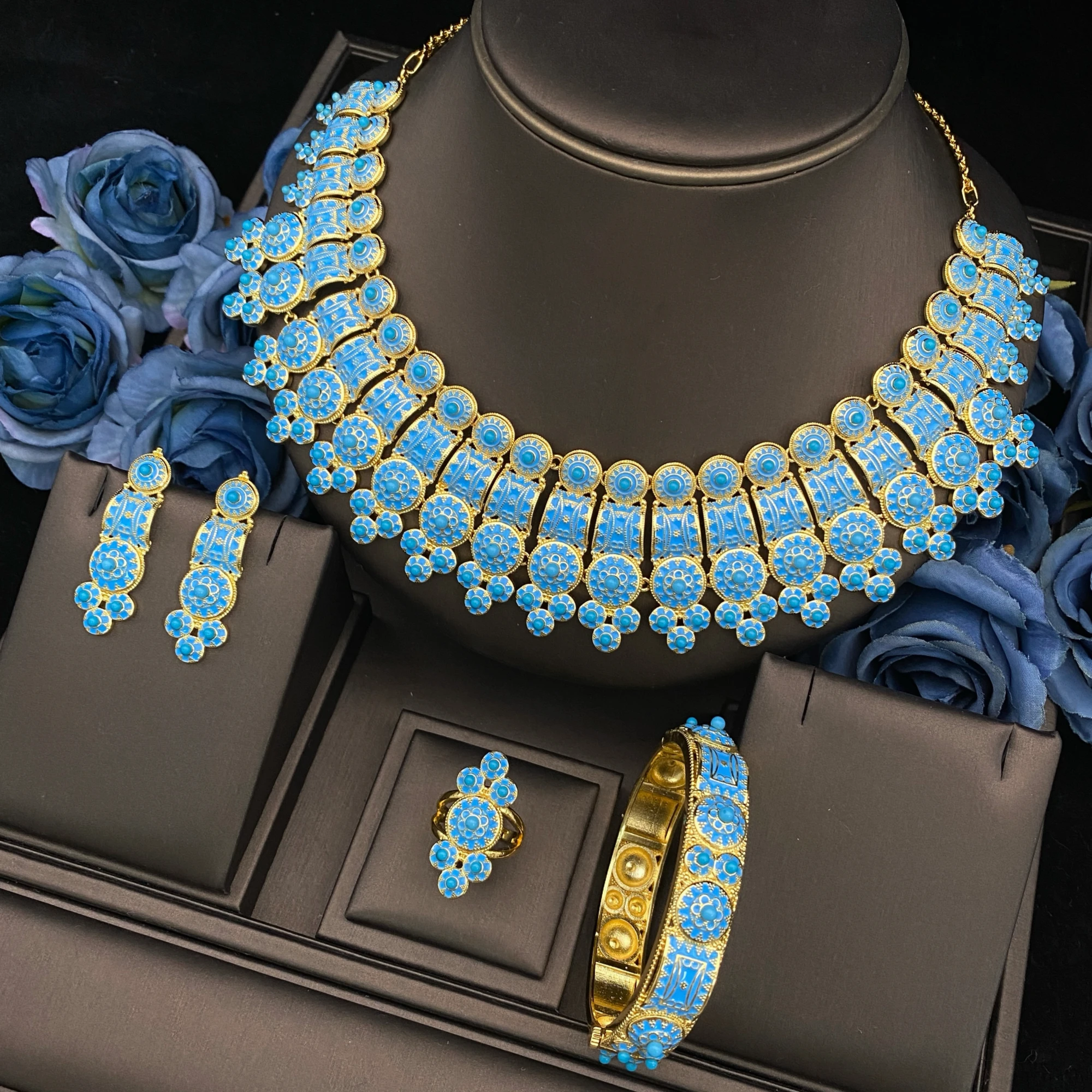

JRH Luxury 4-Piece Set Elegant Blue Jewelry Set Necklace Earrings Ring Bracelet Classy Women's Gift for Banquet Give a gift box
