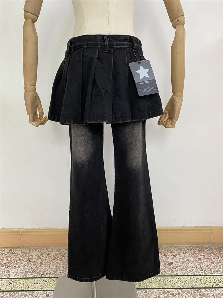 Falda plisada empalmada para mujer, pantalones acampanados negros de pierna ancha, ropa de calle, pantalones Retro de moda, pantalones vaqueros vaqueros de cintura baja para mujer