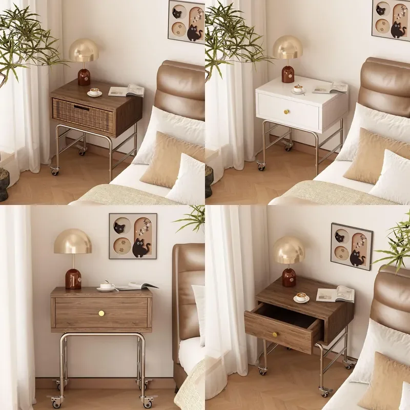 Narrow Rattan Bedside Table Antique Style Movable Nightstand Storage Rack for Bedroom Home Decor