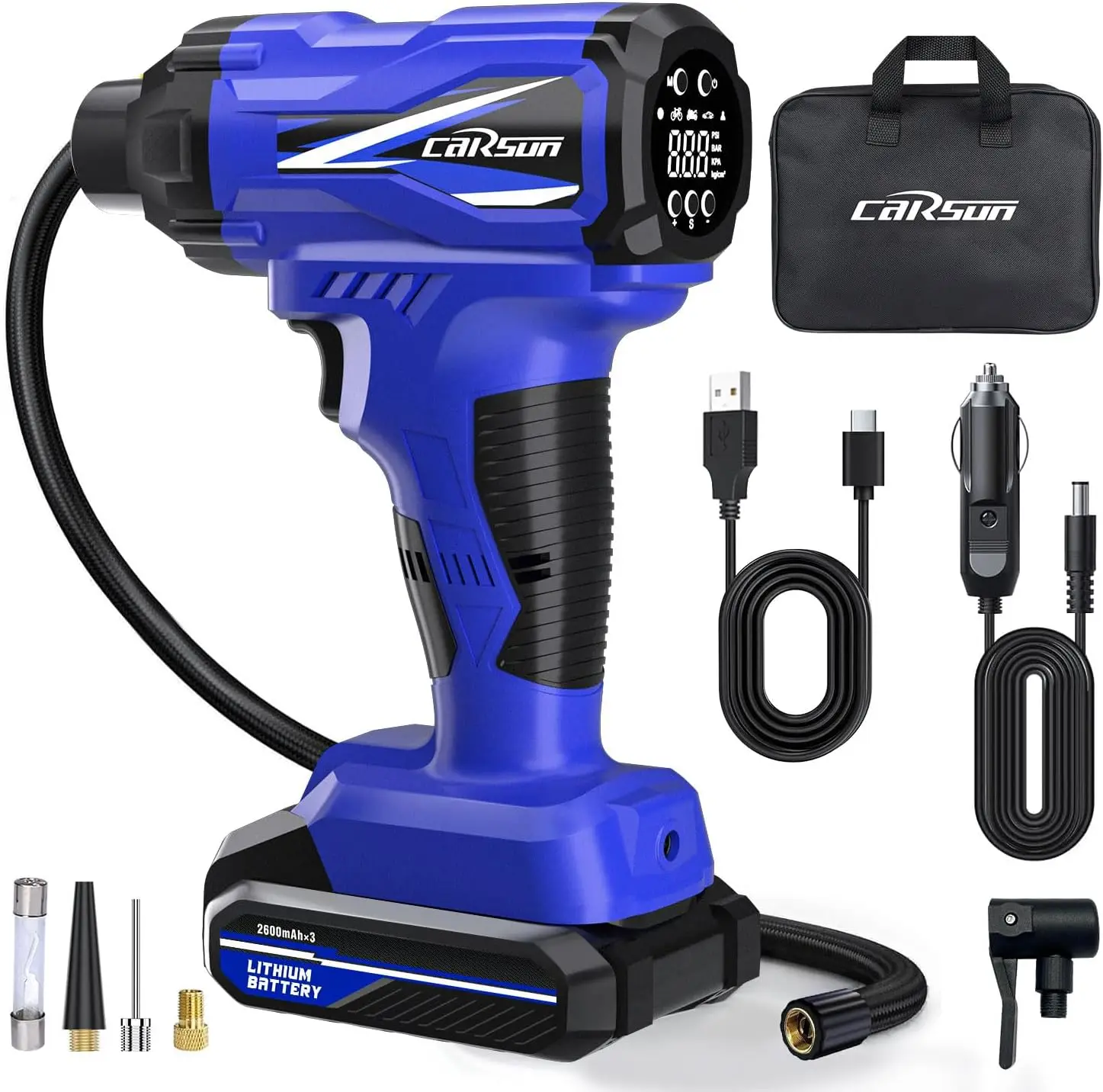 

Portable Tire Inflator 150PSI Cordless Air Pump with Digital Gauge, Rechargeable Li-ion Battery for Car, Bike, Balls - Blue