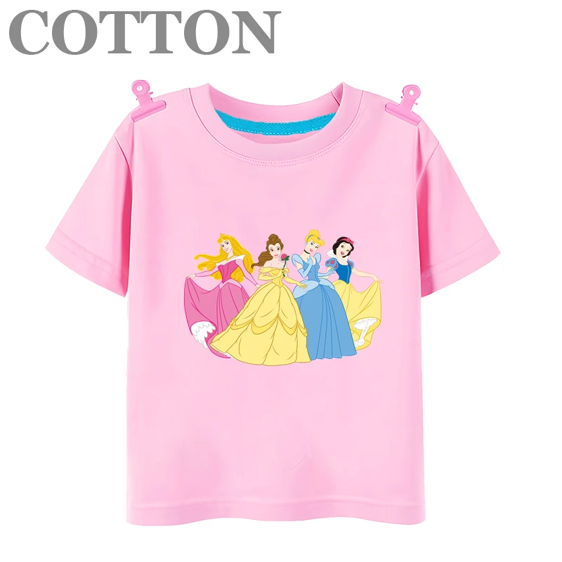 Disney Anime Four Princess Summer Fashion Cotton Children's Cartoon T-shirt Round Neck Casual Short Sleeve Print Pattern