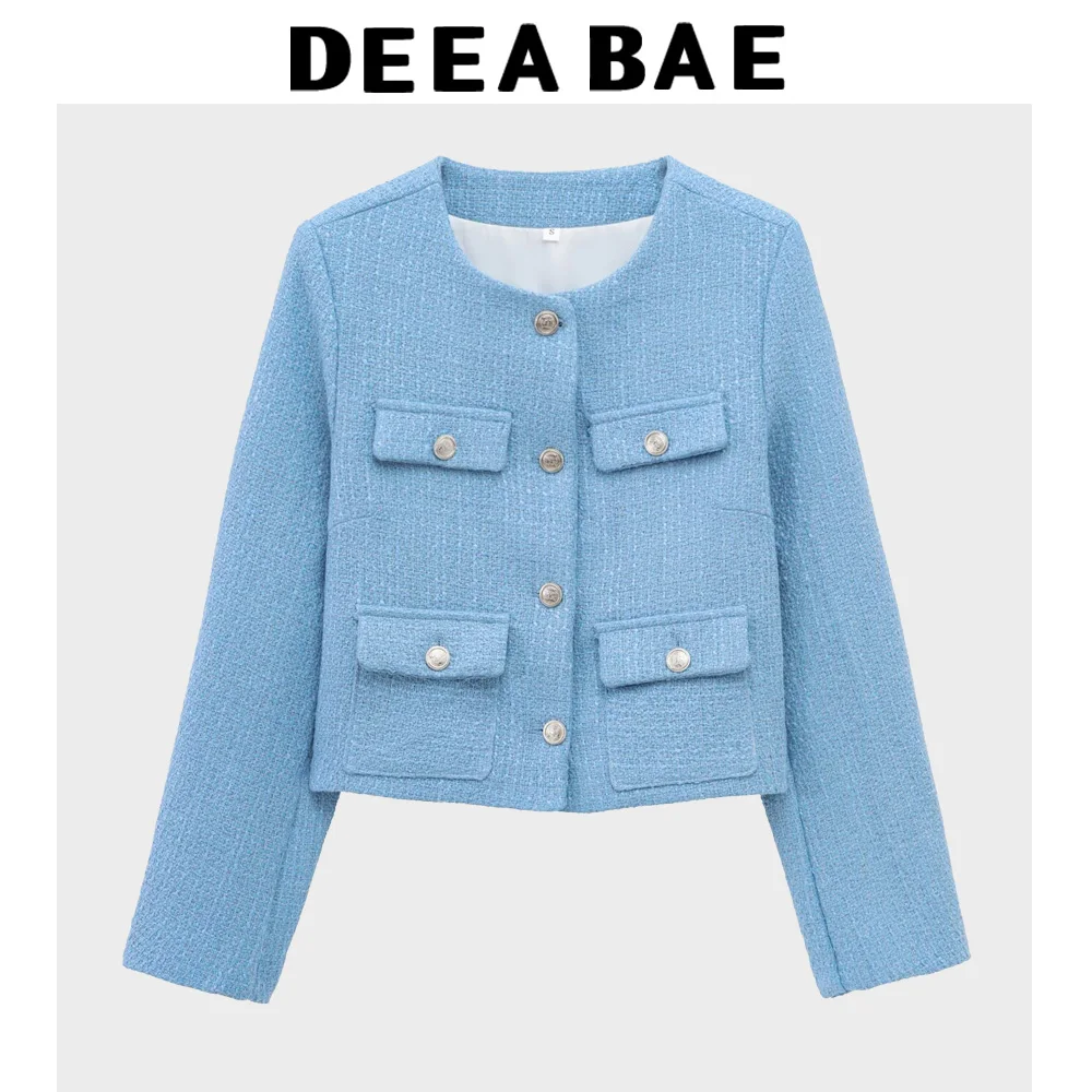 DEEABAE Spring Women's Clothing Textured Shoulder Pad Round Neck Long Sleeves Chanei Style Jacket Woolen Texture Skirt Pants