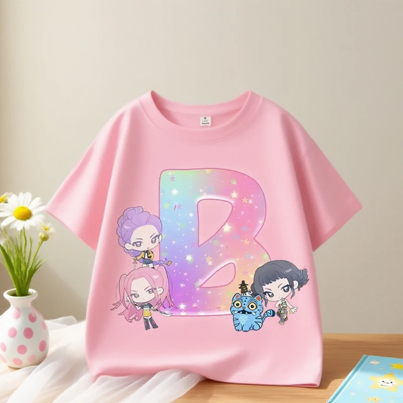 

Kpop Demon Hunters Letters Short Sleeve Boys Girls Pink Summer Print T Shirt Cute Clothe Children Cotton Tee Shirts Short Tops