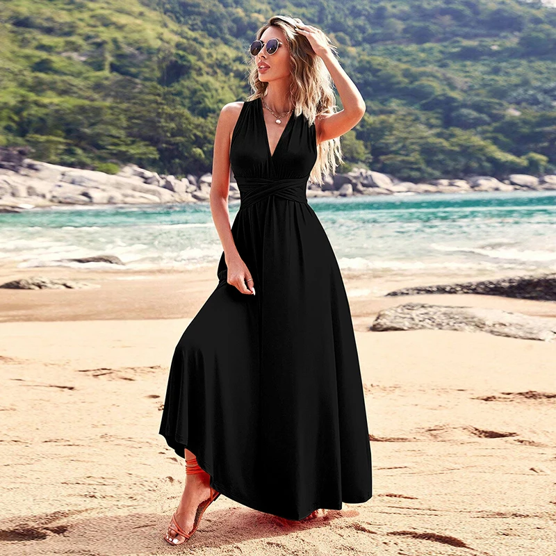 Noir méthodes d'usure multiples cordes multiples croix dos nu robes tempérament Sexy grand ourlet robes longues robe de soirée formelle CAMI