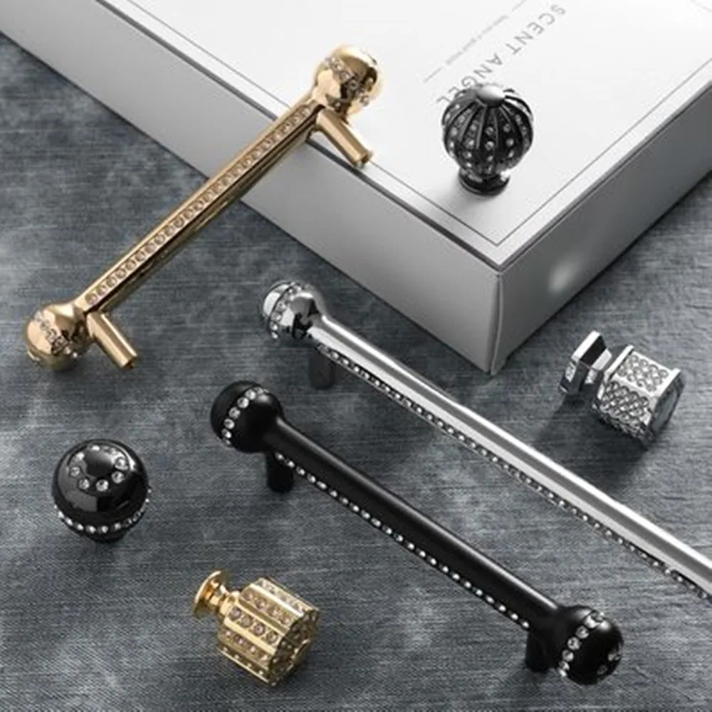 

96 192mm Modern Fashion Luxurious Diamond Wardrobe Cupboard Door Handle Gold Black Crystal Drawer Kitchen Cabinet Dresser Knob