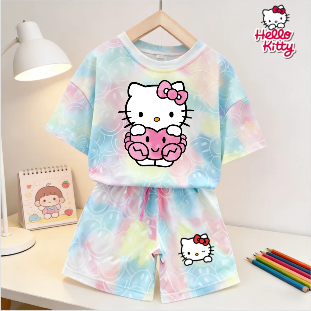 

Sanrio Hello Kitty Outfits Summer Airy Gentle Kids Apparel Infant Girls Lovely Cartoon Short-sleeve Light Two-piece Set Present