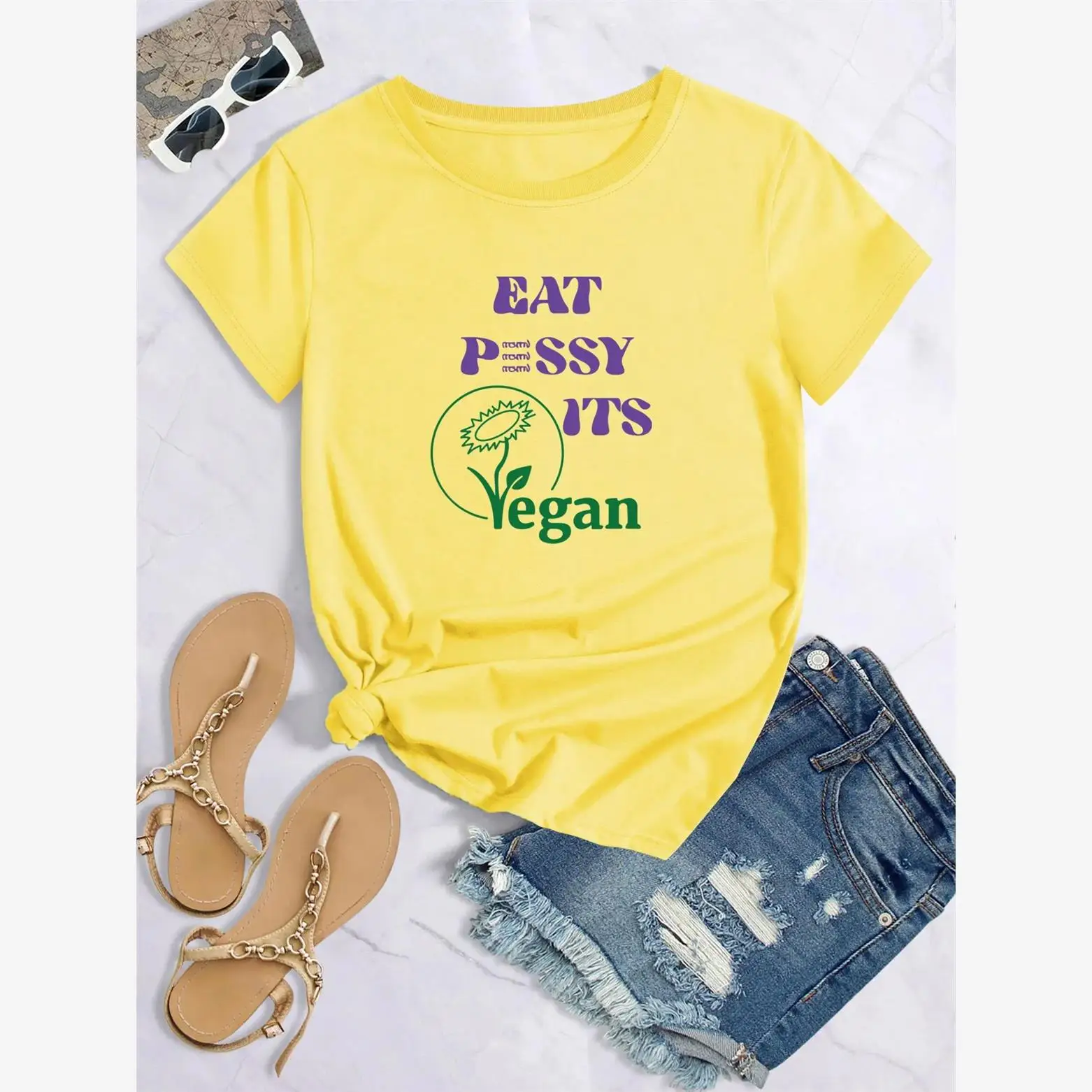 Lässiges Crew-Ne-T-Shirt für Damen mit veganem Aufdruck „Eat Pssy“, bequeme Passform, Faion-Top für Damen