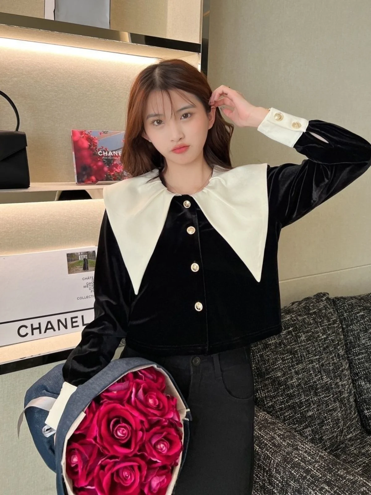 

Bla Velvet irt Women's Faionable Long Sve Large Collar Design Casual Sle Polyester Fabric Autumn New Arrival
