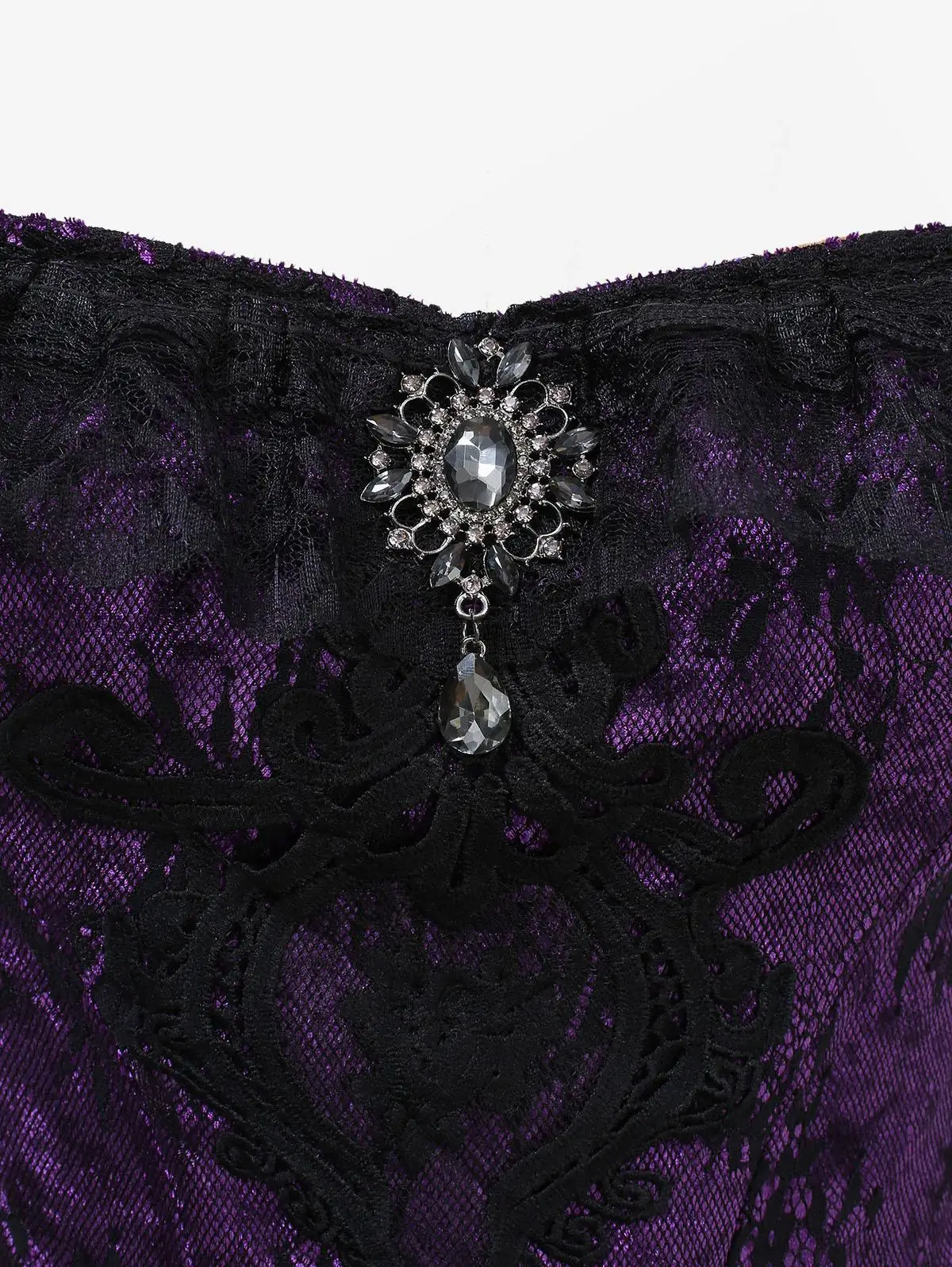 Gothic Strapless Corset Floral Lace Overlay Applique Off The Shoulder Glitter Sparkling Buckle Hem Corset