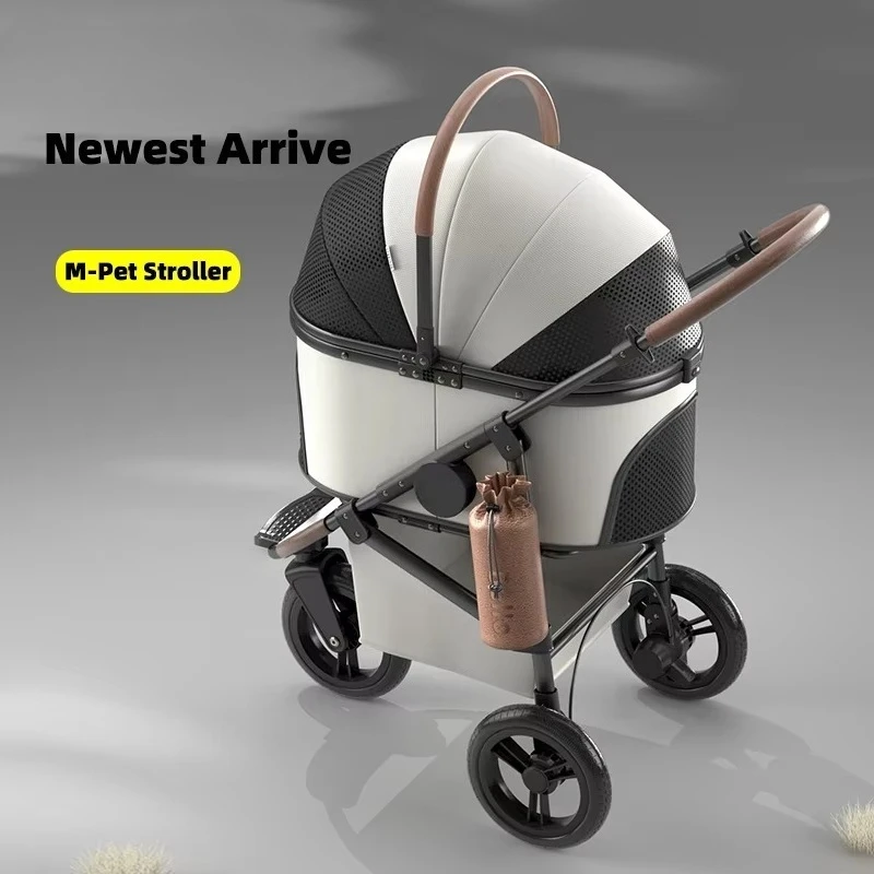 Bello Luxury 3 Wheels Pet Stroller Modern Detachable Medium and Large Cart  Dog Hand Pushing PU Wheels for Outbound Driving Bag
