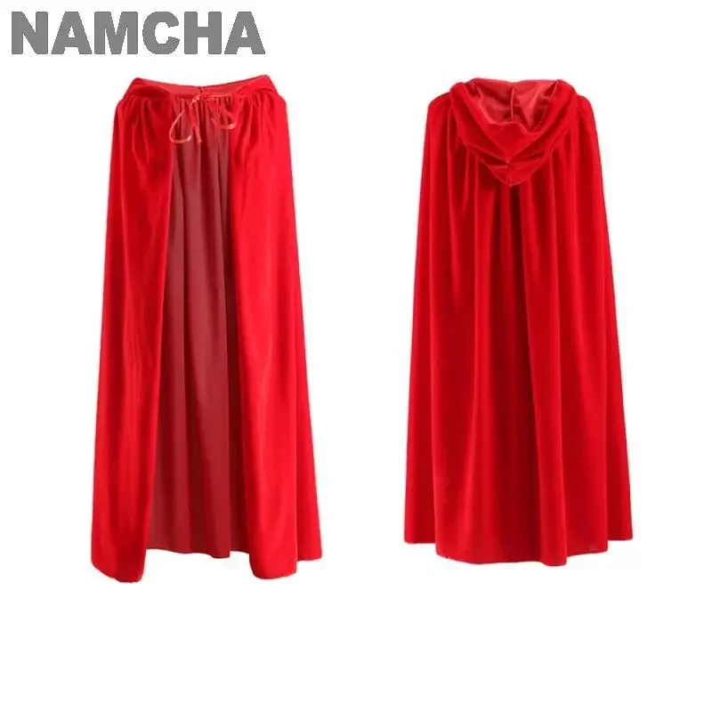 Medieval Velvet Cloak Halloween Witch Wicca Vampire Cosplay Costume Red Cape for Adult Kids Hooded Robe Carnival Outfit Cover