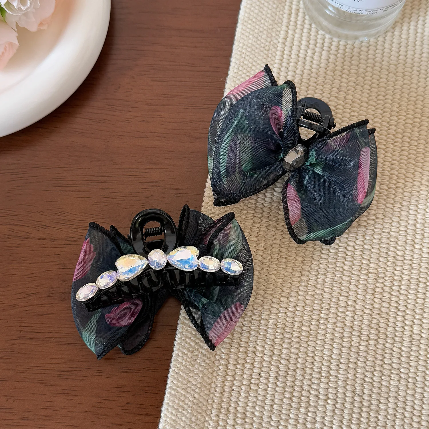 1PC Moonlight Rhinestone Hair Clip for Women Girls Net Gauze Bubble Satin Claw Princess Forehead Shark Side Hair Accessory - Image 3