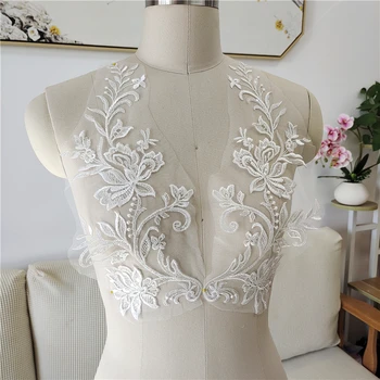 DIY dekorasyon için çiçek nakış etiket, dantel kumaş aplike, kapalı beyaz, etek, Hem, el yapımı, 15x37cm, 1 Pairs