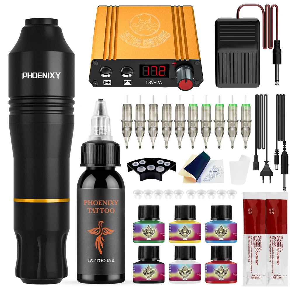 Phoenixy Rotary Tattoo Pen Kit Tattoo Machine Power Supply with Ink Pigment and Needles Tattoo Machine Pen Set for Tattoo Artist