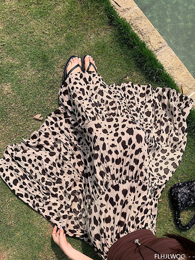 FLHJLWOC faldas Retro americanas de diseño nuevo 2025 mujer linda dulce Japón niñas Vintage falda larga de leopardo de moda