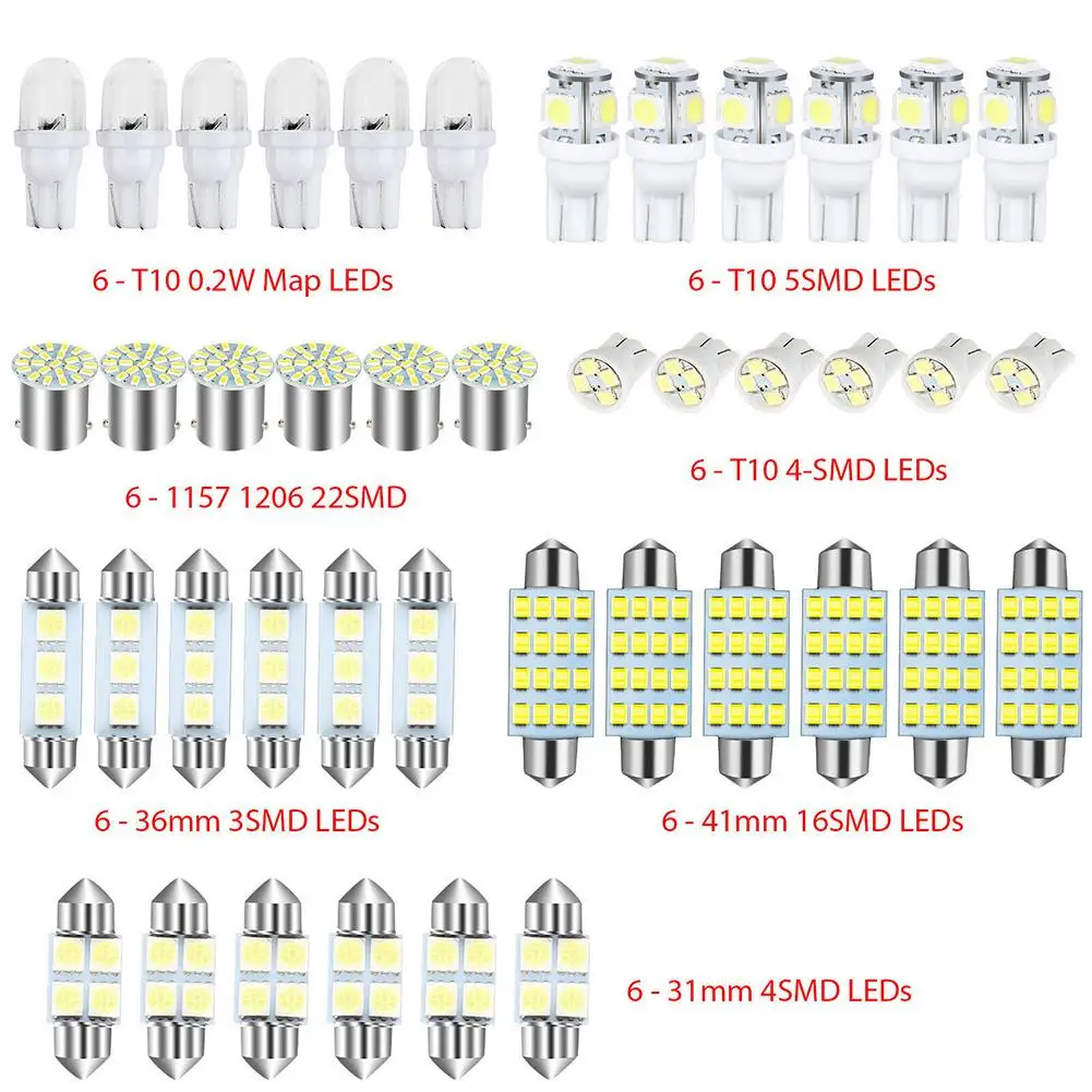 Lâmpadas de substituição LED Dome Light, luzes interiores do carro, luz de leitura Set, 31mm, 36mm, 41mm, T10, 1157, 12V, 6000K, 42Pcs