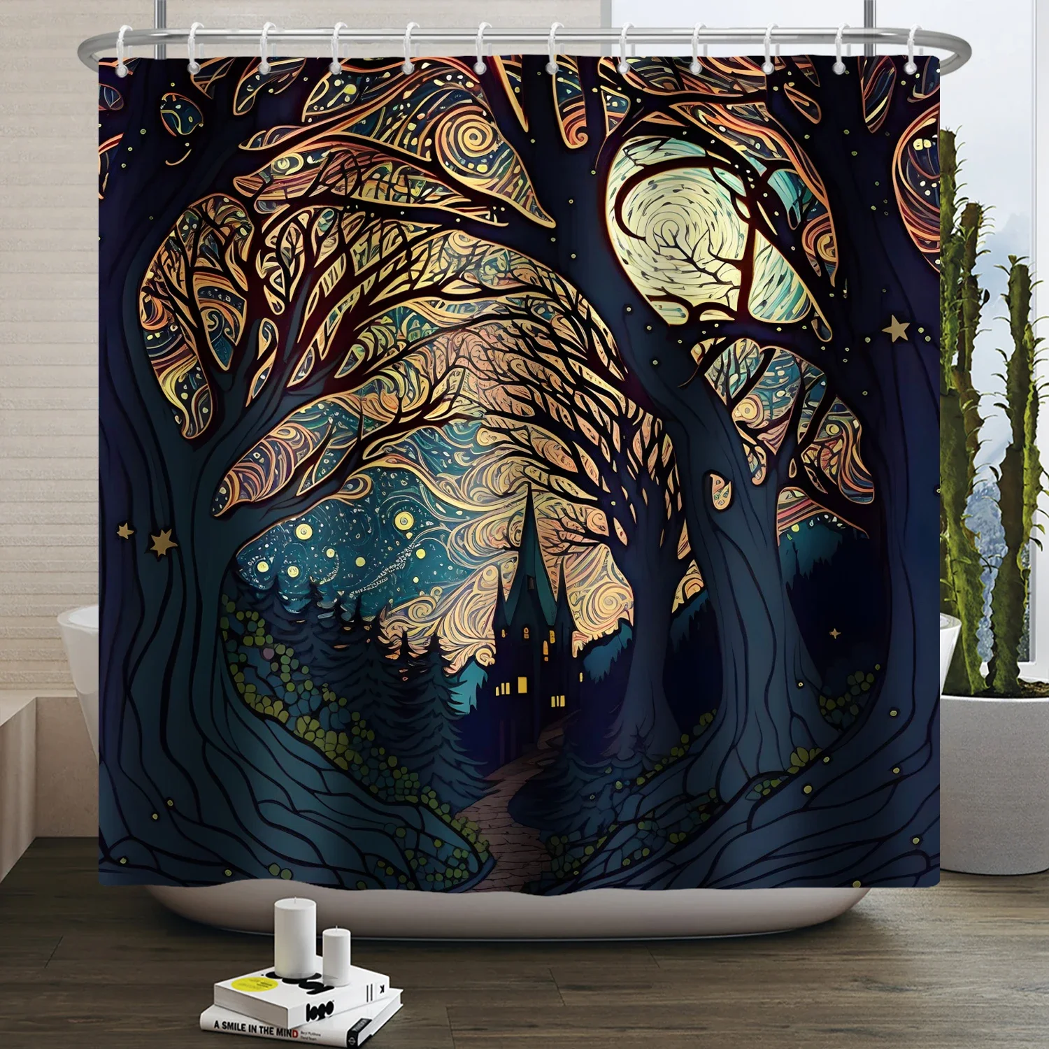 Van Gogh Abstract Art Oil Painting Shower Curtain Starry Night Scenery Bathroom Curtain Flower Tree Waterproof Bathtub Curtain