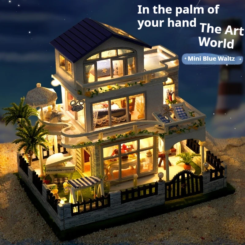 New Diy Wooden Mini Seaside Villa Miniature Building Kits Doll Houses With Furniture Casa Dollhouses For Friends Birthday Gifts
