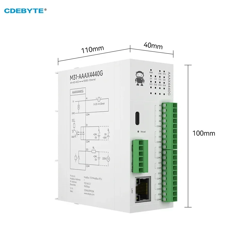 Imagem -02 - Módulo io Remoto Distribuído Aquisição de Interruptor Analógico Cdebyte M31-aaax4440g Módulo Host Emenda Gratuita Pnp Npn 4di Mais 4ai Mais 4do