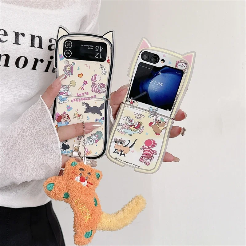 3D Disneies Cute Lucifer Cat Element Ear Cat with Lanyard Phone Case for Samsung Galaxy Z Flip 3 4 5 6 5G PC Back Cover Funda