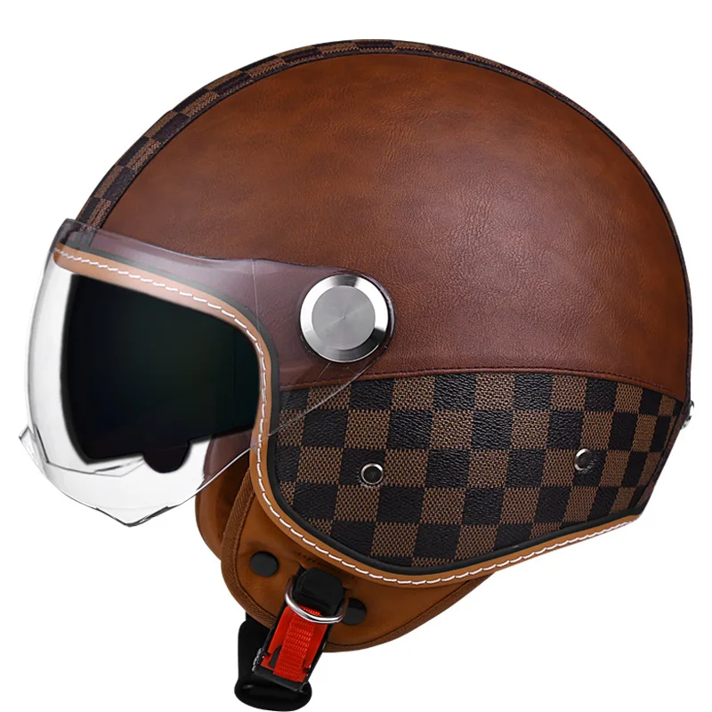 

Brown Grid Leather 3/4 Open Face Helmet Double Visors DOT Approved Motorcycle Helmets Jet Warm Safety Man Women Four Seasons