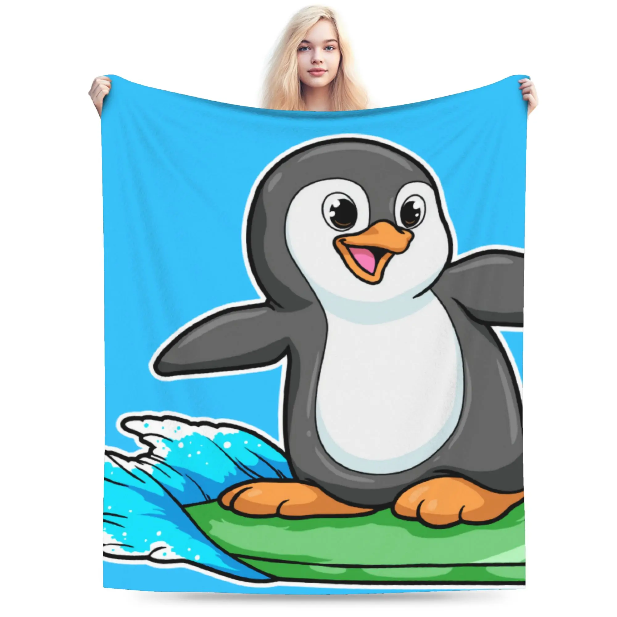 Custom Sofa Fleece Penguin As Surfer With Surfboard Throw Blanket Warm Flannel Animal Blankets for Bed Travel Couch Quilt