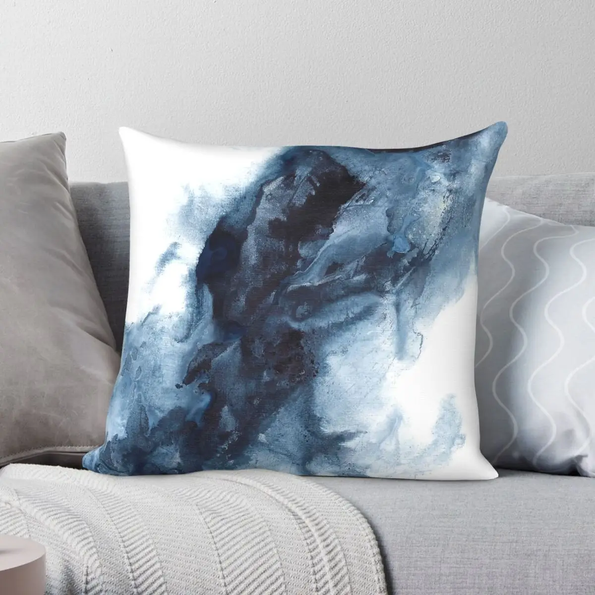 Indigo Depths Fluid Square Pillowcase Polyester Linen Velvet Creative Zip Decorative Home Cushion Cover