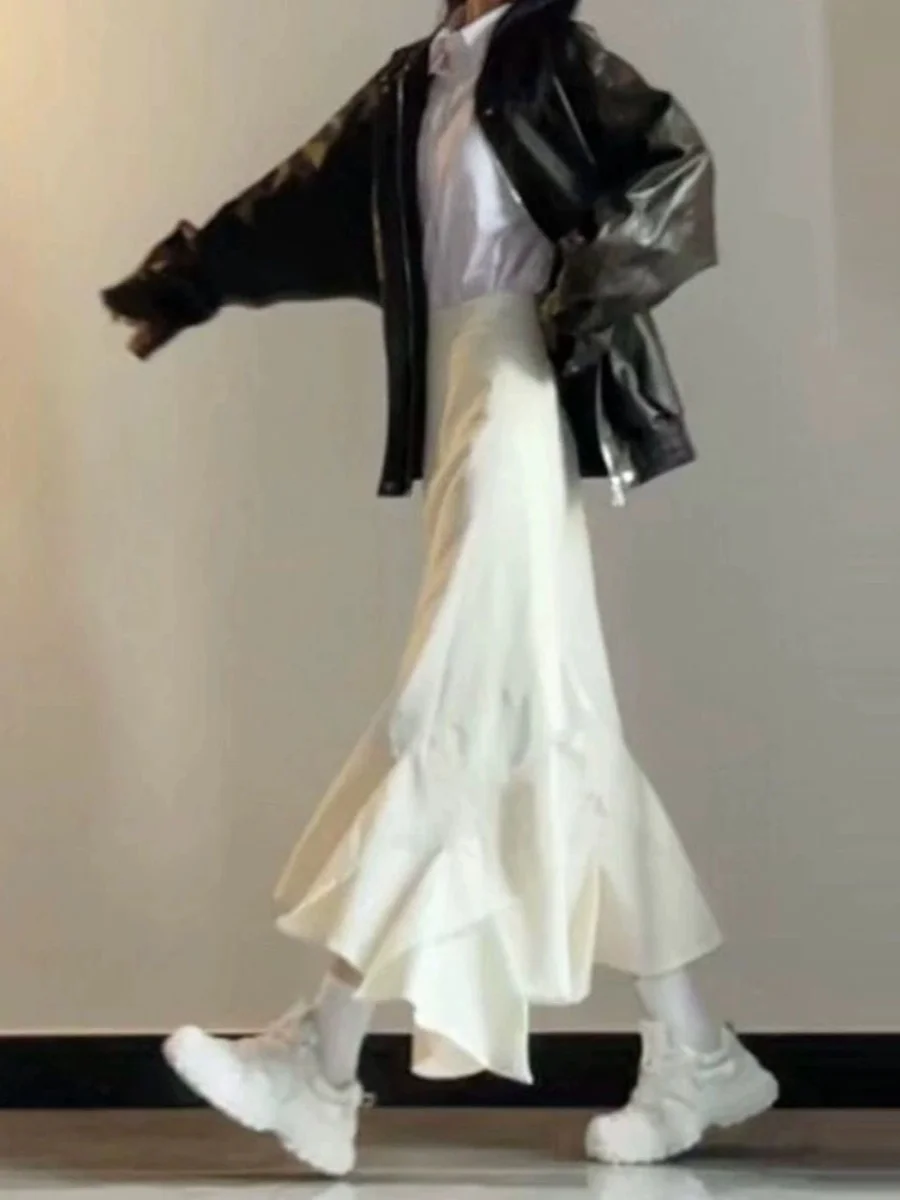 

Retro High Waist Midi Skirt Women's Fringed White Asymmetrical Fi Tail Skirt Slimming A-Line Dr for Small Stature