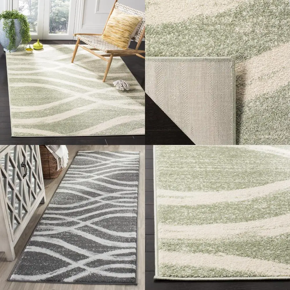 

6x9 Modern Wave Distressed Area Rug in Sage and Cream, Non-Shedding and Easy Maintenance