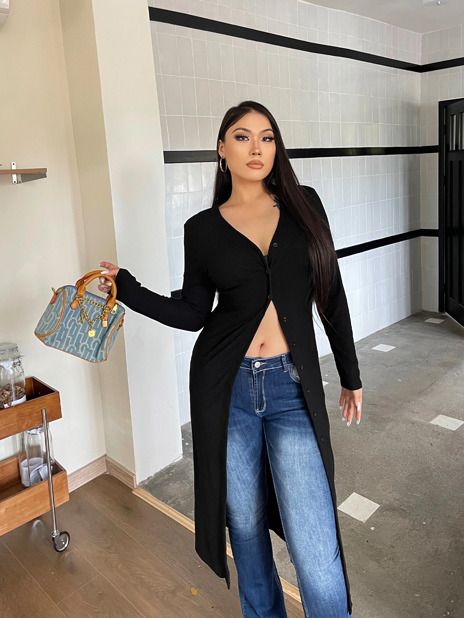 

plus Size Long Knitted Open Cardigan Women's Slim Fit Street Sle V-Ne Button up Casual Outerwear Bla Sexy Lazy Girl