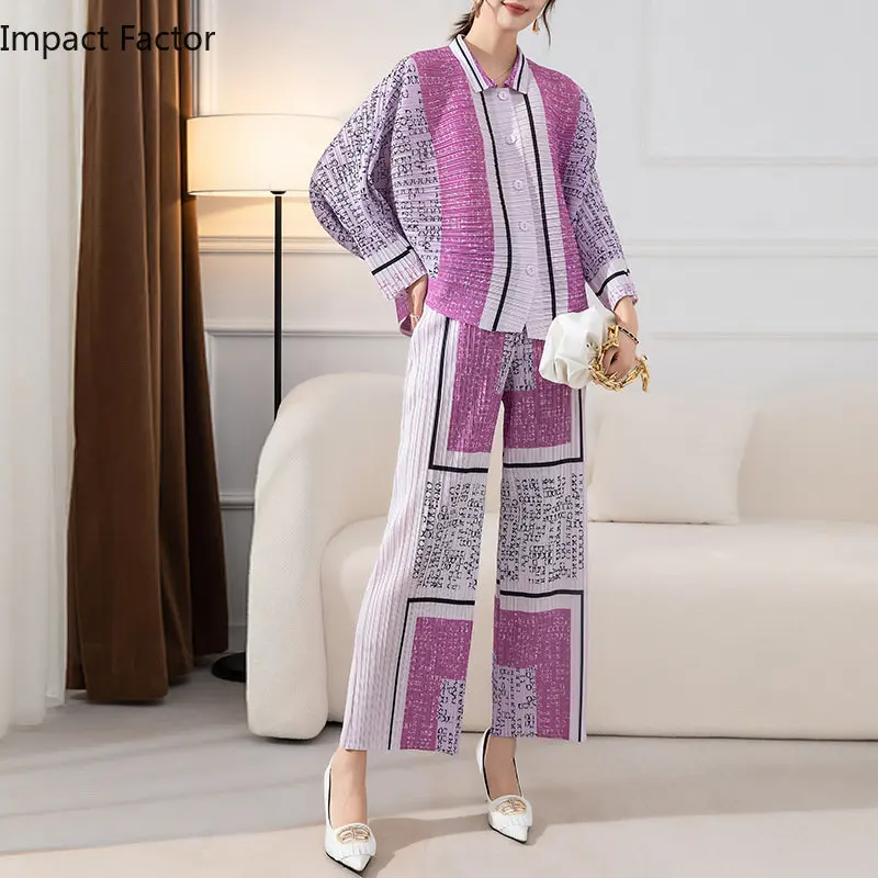 

Miyake Pleated Fashion Women's Suit Spring 2024 New Printed Loose Single-breasted Bat Sleeve Shirt+Straight Leg Pants