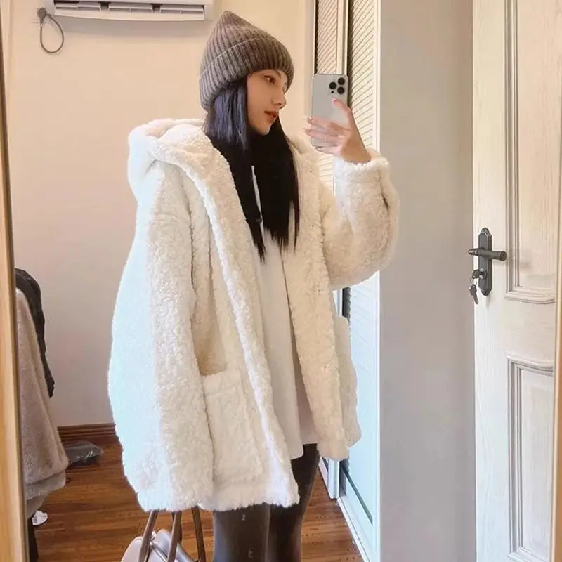 Hooded Lamb Wool Cotton Coat for Women in Autumn Winter 2024 Loose Lazy Temperament Versatile Warm Thick Cotton Clothing Trendy