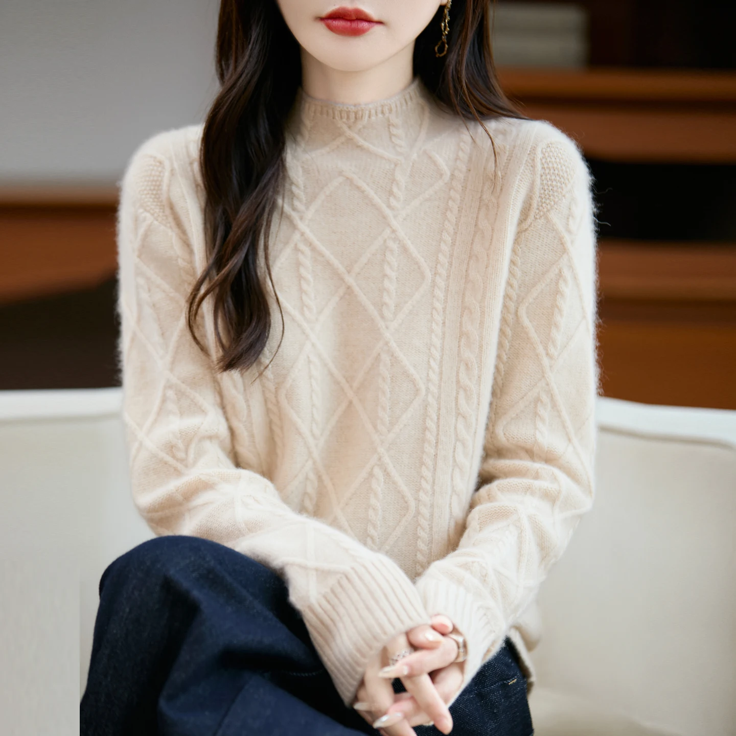 

Heavy duty thickened wool sweater for women, semi high neck sweater, retro twisted flower warm diamond knit base