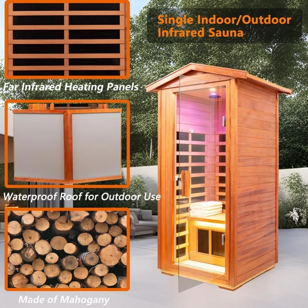 Mahogany Outdoor Sauna, 1 Person Far Infrared Sauna for Home, 1560W, with Bluetooth, LED Reading Lamp, Chromotherapy Lamp