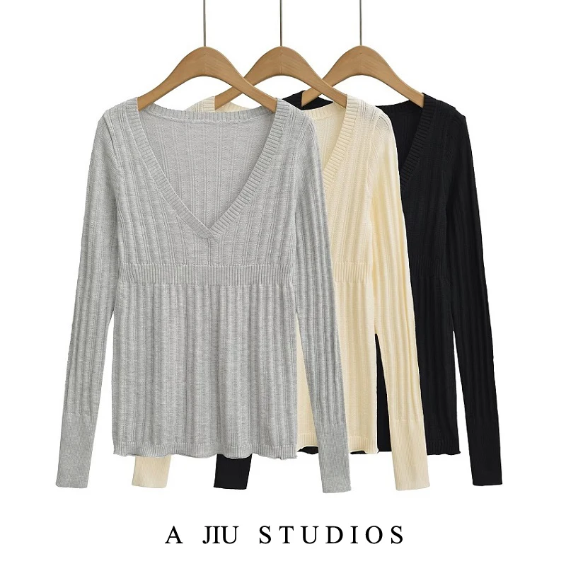 سترة محبوكة بقصة ضيقة V-Ne Long Sve بيضاء متعددة الاستخدامات بطبقة أساسية للنساء ملابس يومية مريحة وناعمة بلون نقي #1