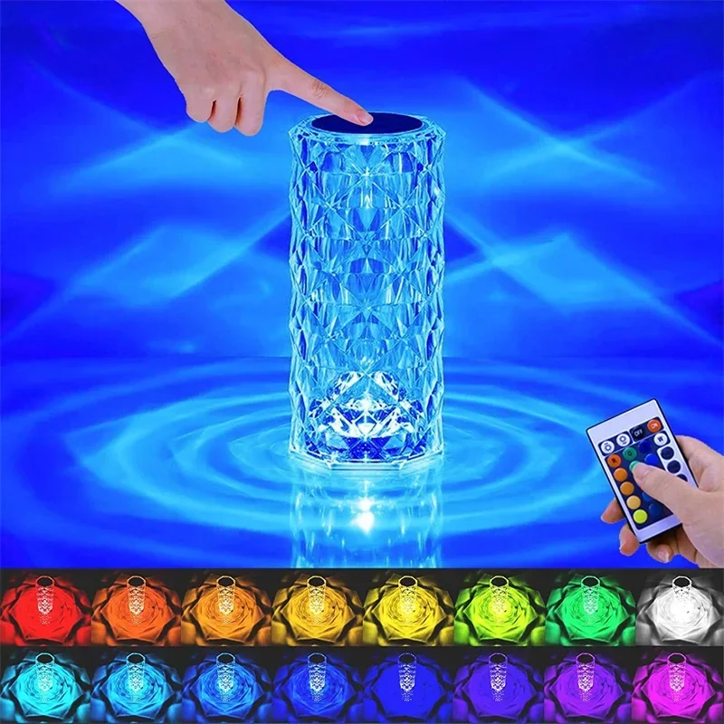 

16 Colors Crystal Table Lamp Rose Light Projector Decoration Recharging Romantic Atmosphere Light