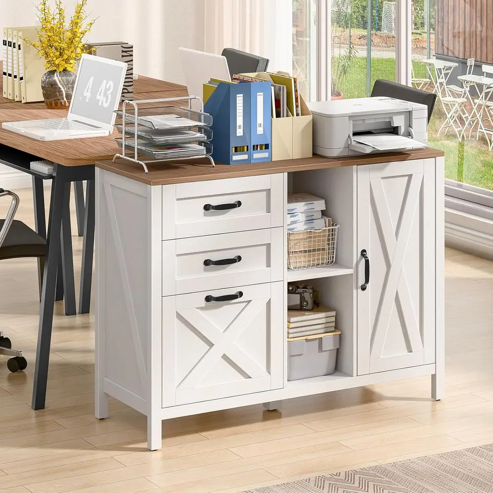 White Lateral File Cabinet with 3 Drawers and Door, Adjustable Shelf Cabinet for Letter/A4 Files, Printer Stand with Storage Cab