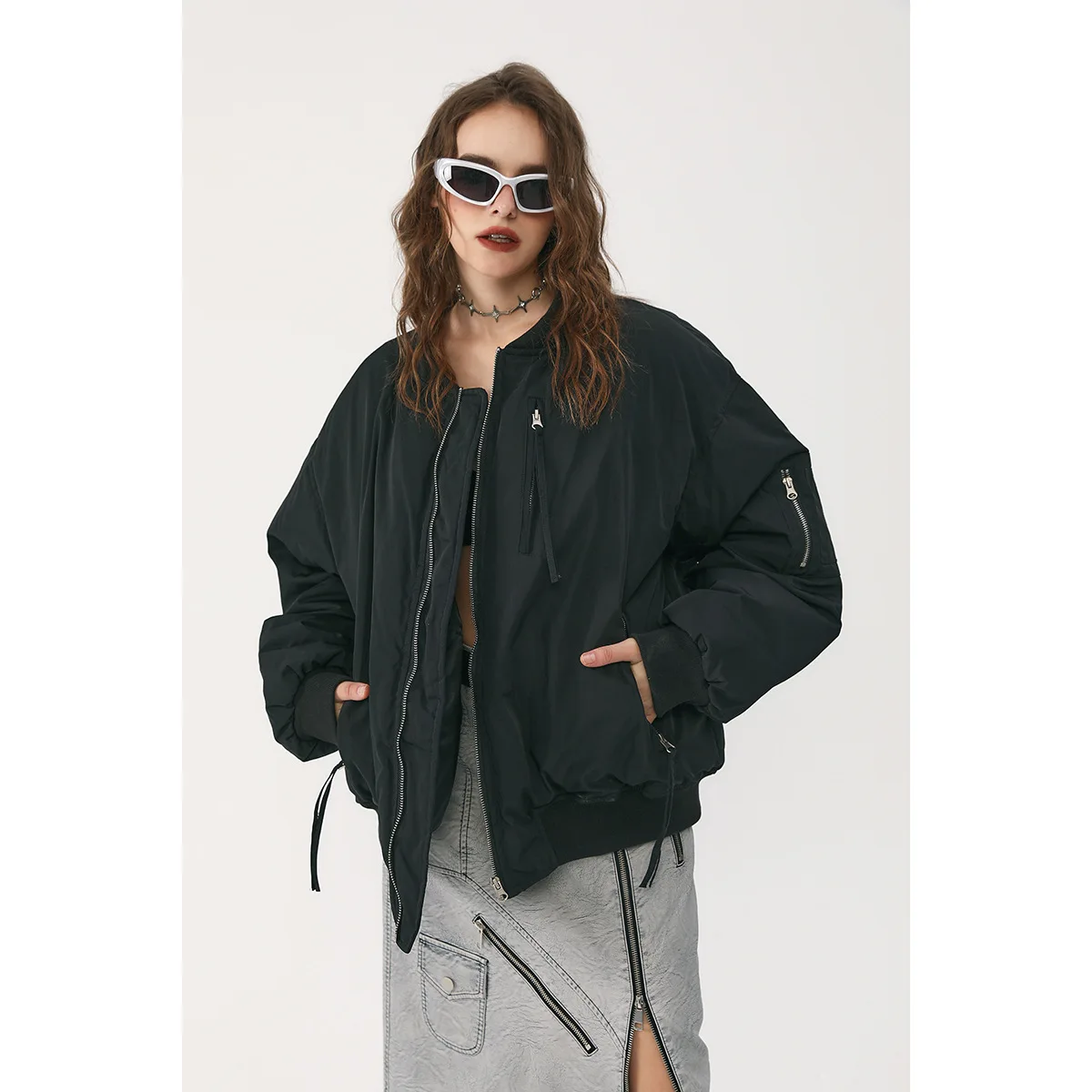 Oversized Zipper Pocket Bomber Jacket Women Cotton-paded Casual Solid Color Quilted Jacket Winter