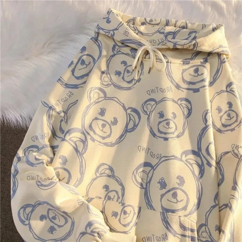 

Women's Bear Print Embroidered Hoodie Loose Lazy Ulzzang Ins Winter Plush Thick Oversized Korean Sweatshirt Ladies Sports Tops