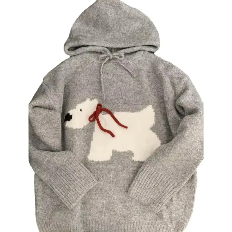 Grey Puppy Hooded Knit Sweater 2024 New Cute Sweater Autumn and Winter Women Lazy High-grade Top