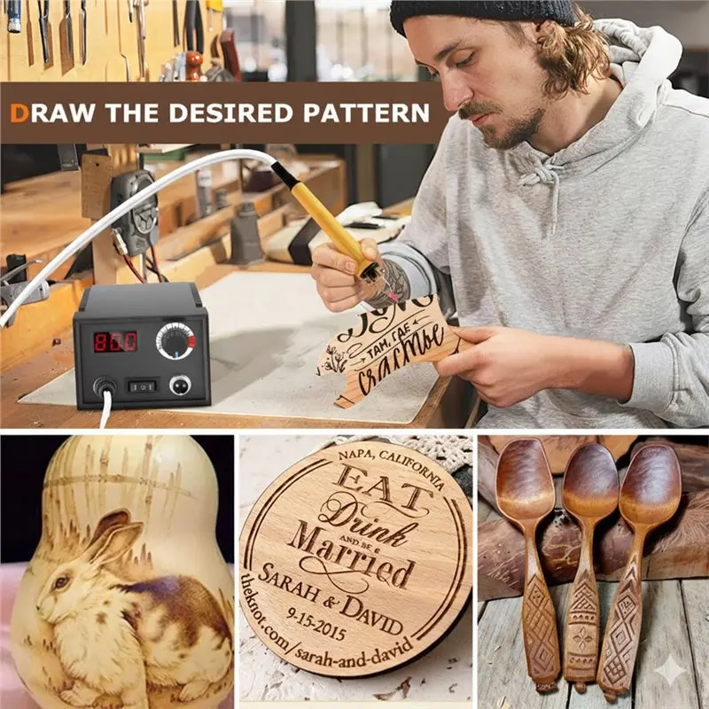 ABSU Wood For Crafting With 60W Pyrography Machine Kit, 30 Wire Tips, And Wood-Burning Pen Included