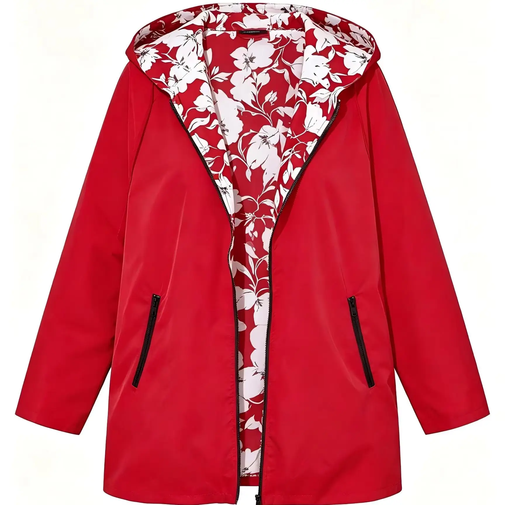 Plus-Size-Damen-Wendekapuzenjacke mit rotem Blumenmuster, beidseitig tragbar, Windbreaker, Reißverschluss, lässige Herbst-Oberbekleidung – Detail 1