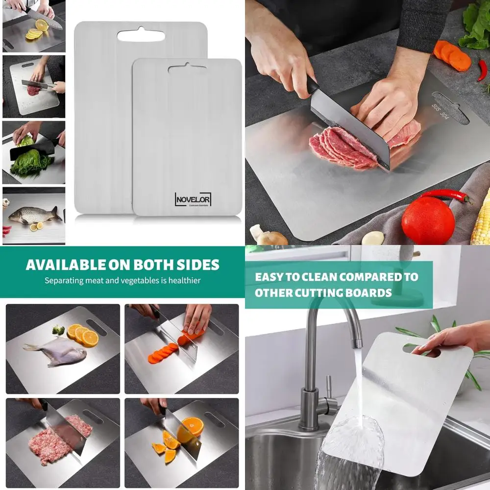 

Set of 2 Stainless SUS 304 Cutting Boards - Kitchen, Meat, Veg, Fruit, Baby Food - Dishwasher Safe, Durable, Easy Clean, Rustpro