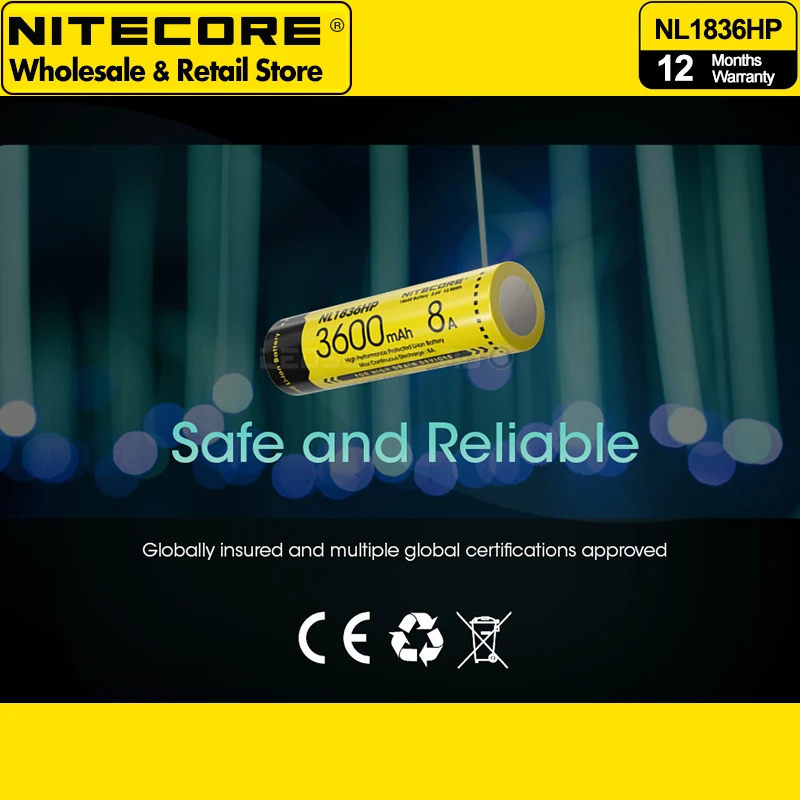 High Performance NITECORE NL1836HP 3600mAh 8A Protected Rechargeable Li-ion Battery 18650 by CE certified