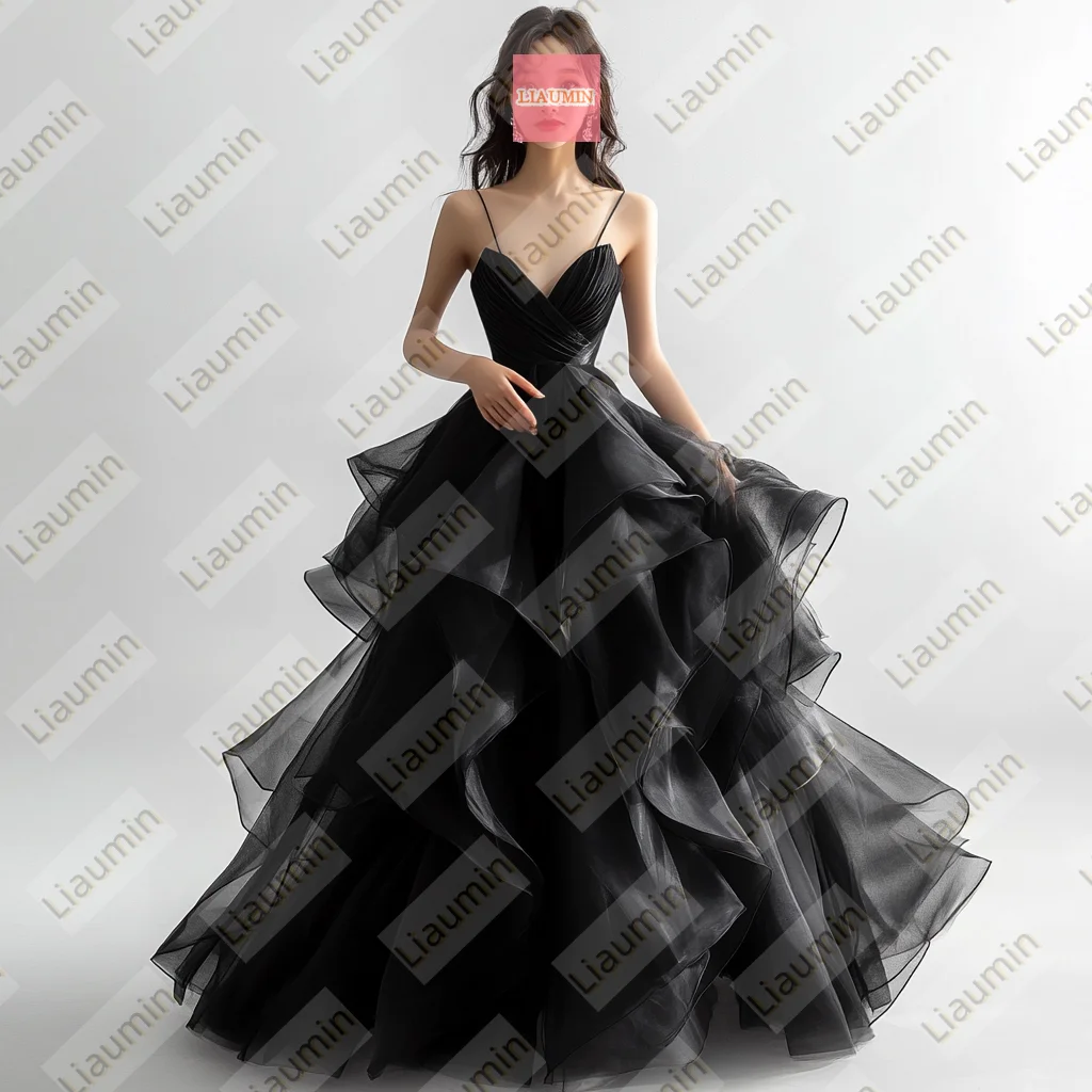 أسود الطبقات الأورجانزا الطابق طول فستان الحفلة الراقصة الدانتيل متابعة الظهر الزفاف حفلة موسيقية فساتين السهرة الزفاف فستاين سهرة/فساتين الحفلات مخصص W19-23 #3