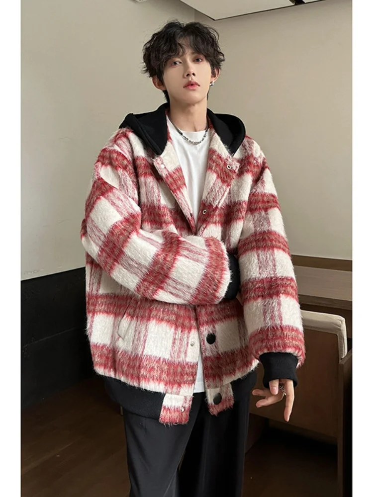 

Autumn Winter Plaid Woolen Coat Men's Casual Sle Korean System Cheered Flannel Jaet Couple Hooded Coat Youth Trend