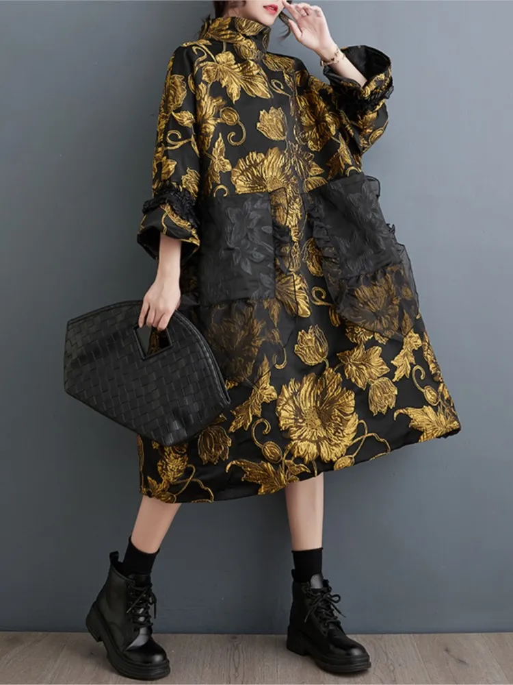 Oversized Autumn Winter Midi Dress Women Patchwork Fashion Chinese Style Flower Ladies Dresses Pleated Loose Woman Dress 2023