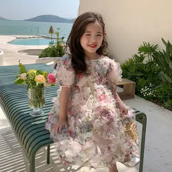 Girls Casual Dresses Three-dimensional Flower Mesh Short Sleeve Kids Dresses for Girls Chinese Traditional Dress for Girls