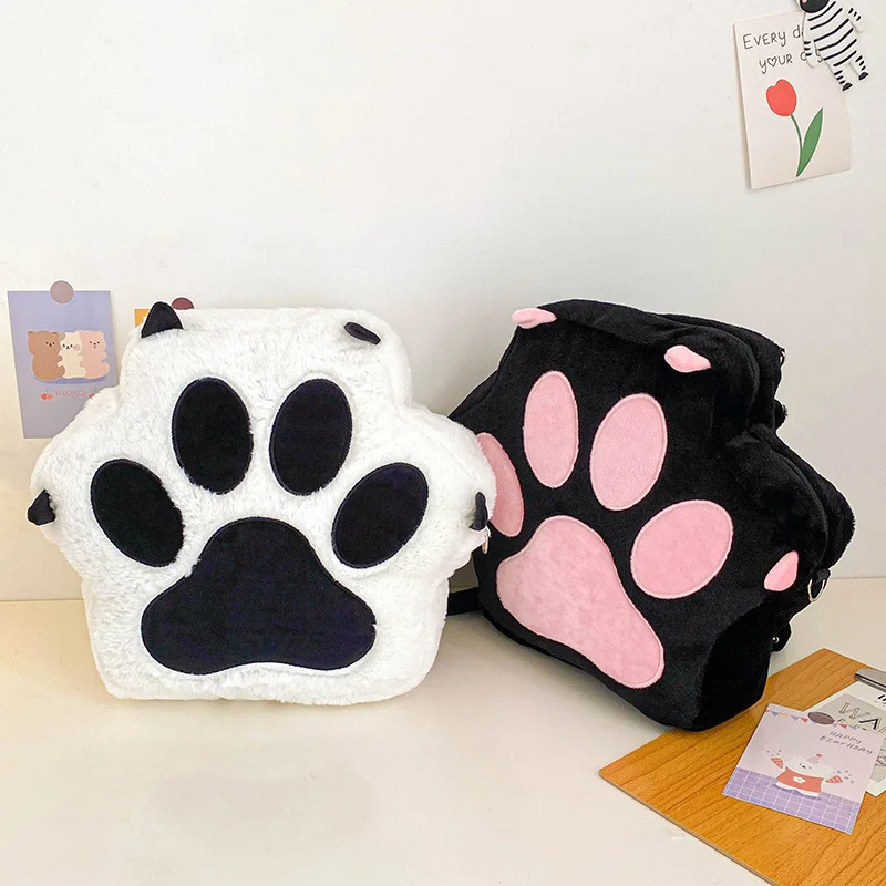 Cute Cat Paw Plush Backpack with Adjustable Straps Kawaii Bag with Zipper Cartoon Backpack for Women Students Backpack Plush Bag