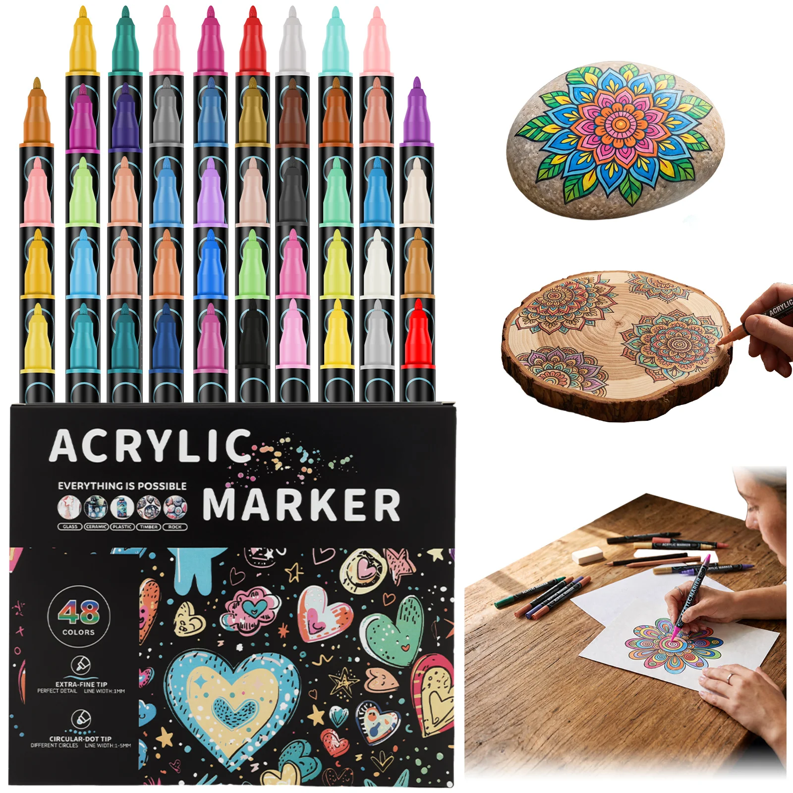 36/48Pcs Dual Tip Metallic Acrylic Marker Pen Set Multifunctional Liquid Ink Acrylic Brush Marker Set Rock Wood Glass Fabric Use
